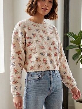 Vintage 90s Big City Floral Tapestry Knit Cropped Sweater - Made in USA
